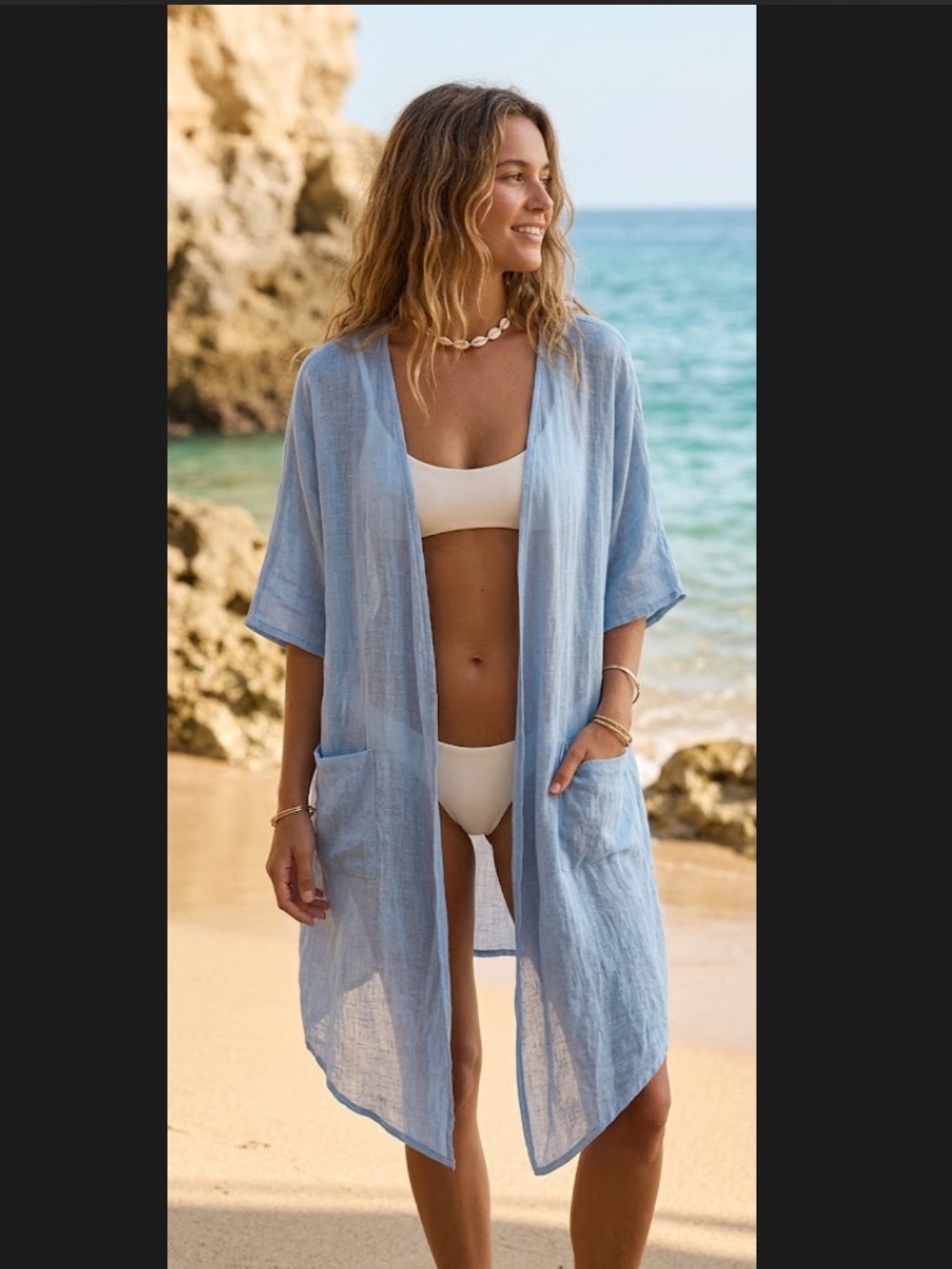 Open-Front Swim Coverup with Pockets Blue